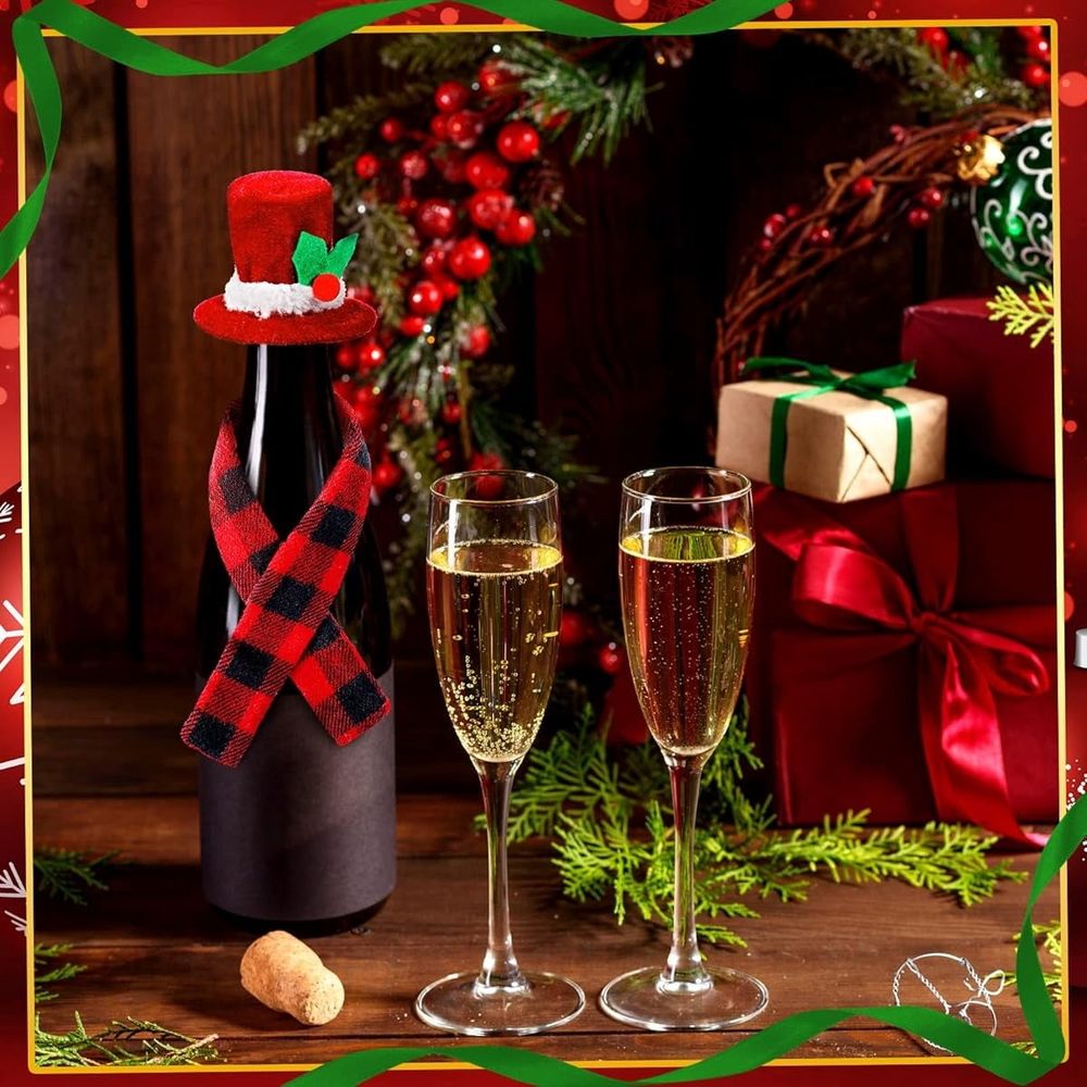 Christmas Wine Bottle Cover Set Red Black Buffalo Plaid Mini Xmas Santa Hat Scarf for Christmas Party Table Decorations Wine Bottle Décor