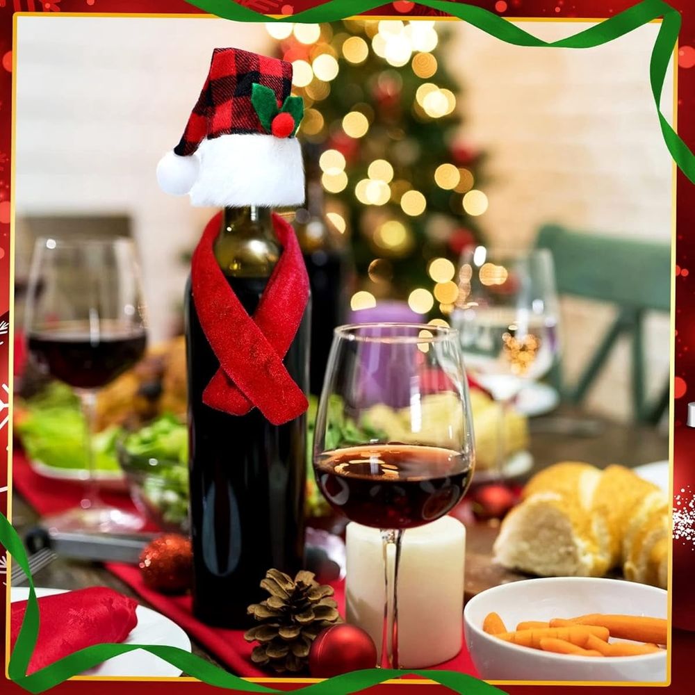 Christmas Wine Bottle Cover Set Red Black Buffalo Plaid Mini Xmas Santa Hat Scarf for Christmas Party Table Decorations Wine Bottle Décor