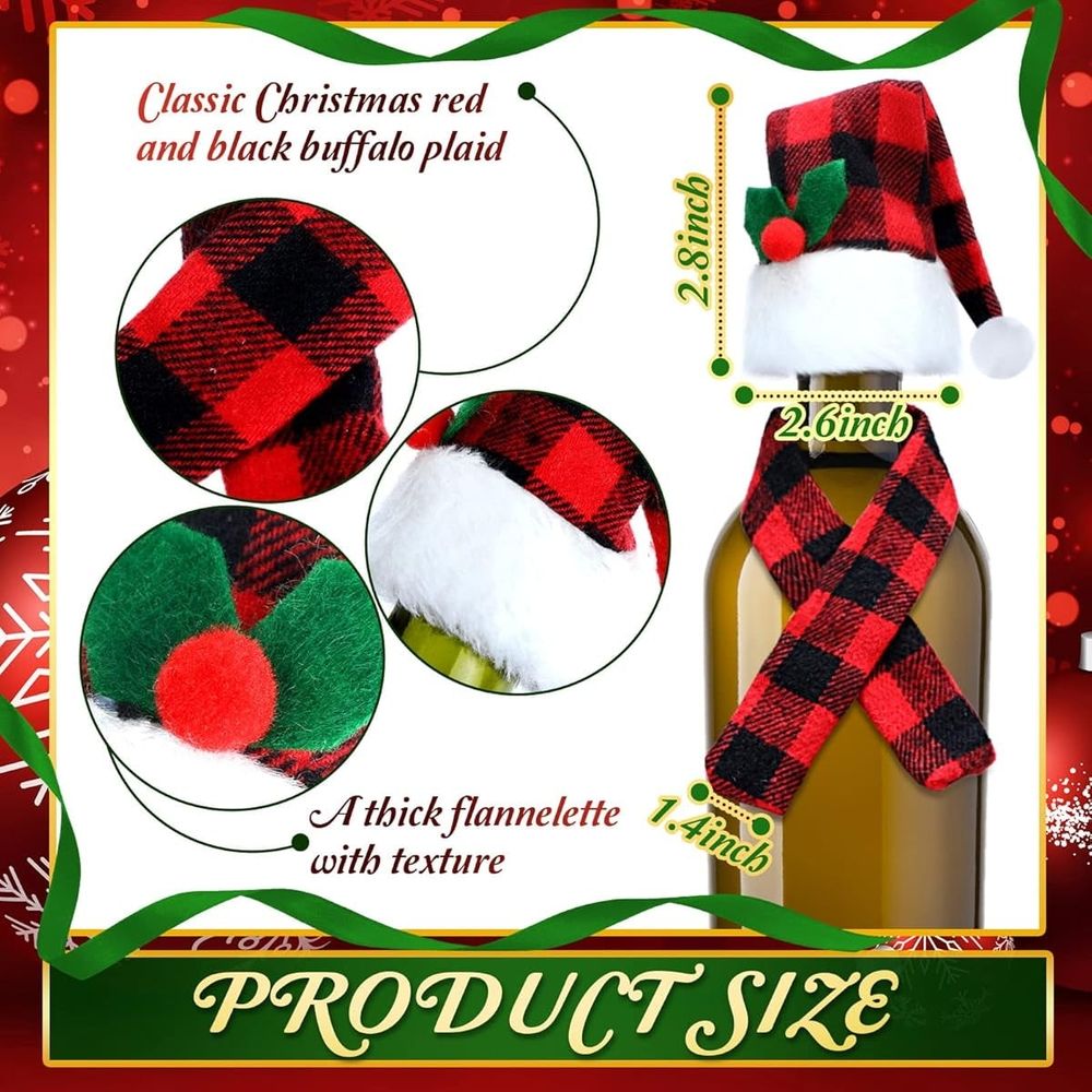 Christmas Wine Bottle Cover Set Red Black Buffalo Plaid Mini Xmas Santa Hat Scarf for Christmas Party Table Decorations Wine Bottle Décor