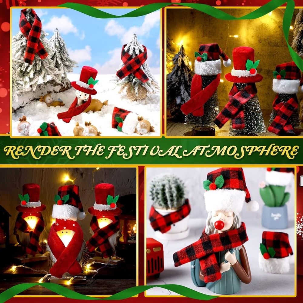 Christmas Wine Bottle Cover Set Red Black Buffalo Plaid Mini Xmas Santa Hat Scarf for Christmas Party Table Decorations Wine Bottle Décor