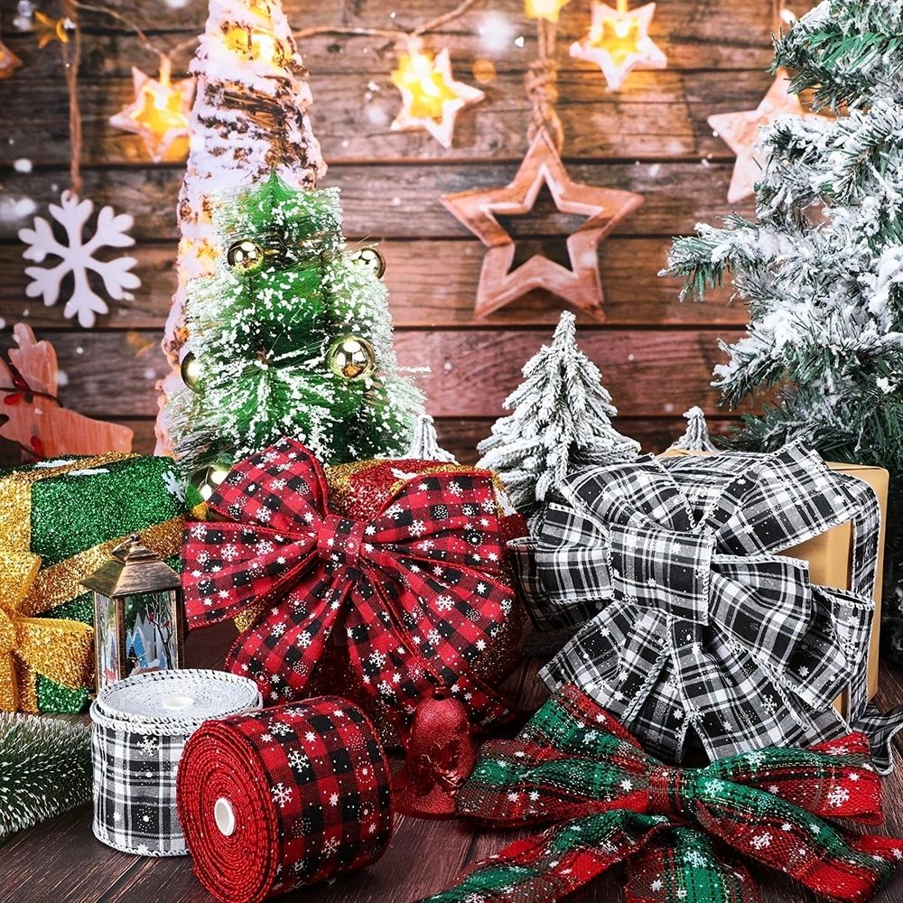 Christmas Buffalo Plaid Ribbon Wired Edge 5 Yard Plaid Burlap Ribbon Christmas Checked Burlap Ribbon for Christmas Tree Wrapping Crafts Decoration 2.5 inch Width