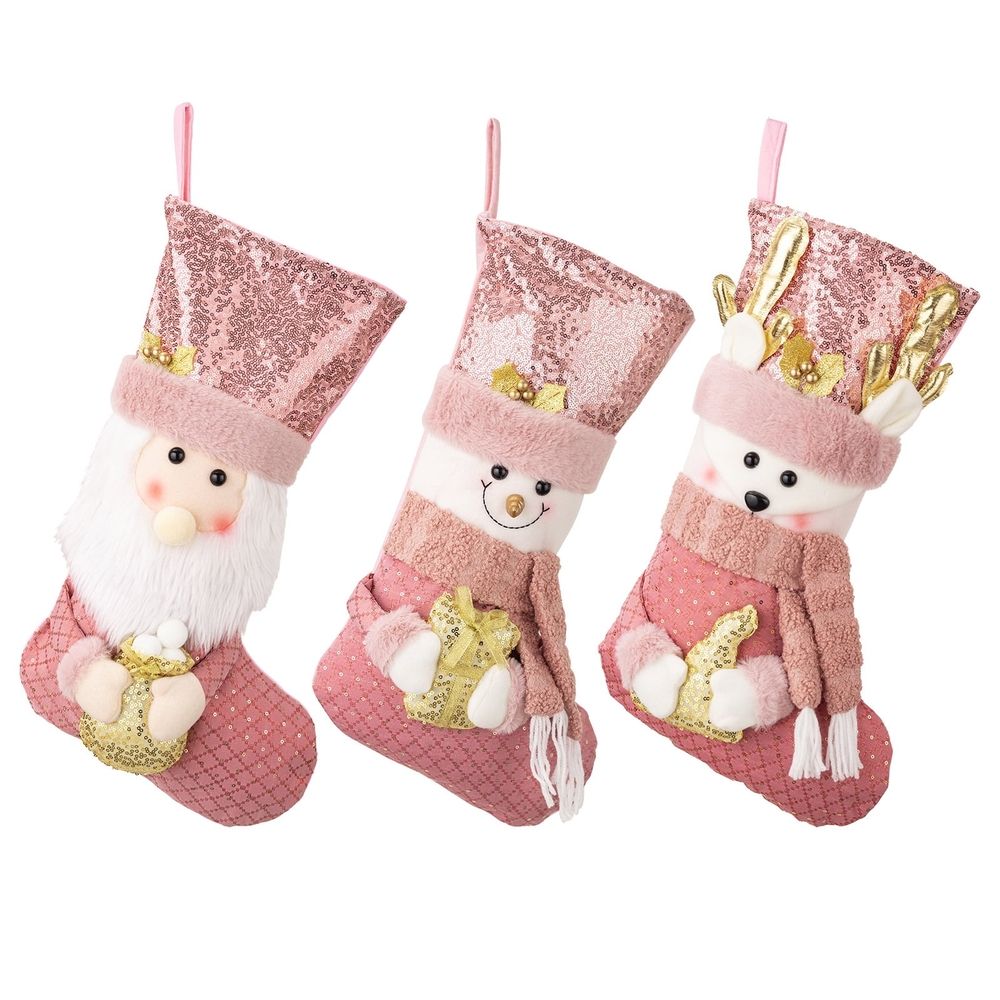 Pink Christmas Stockings18 Inch Xmas Stocking Sparkling Sequined Cuff with Santa/Snowman/Reindeer Dolls for Kids Family Fireplace Holiday Christmas Party Decorations