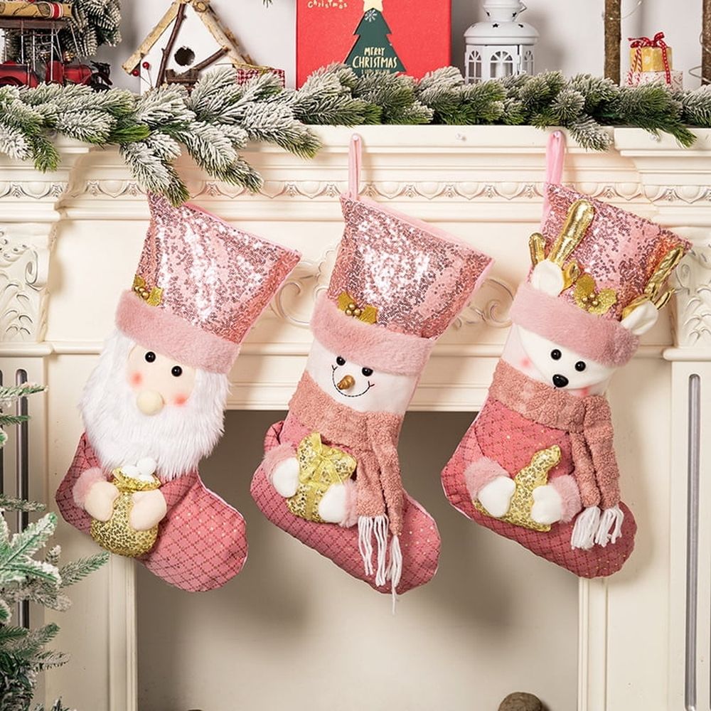 Pink Christmas Stockings18 Inch Xmas Stocking Sparkling Sequined Cuff with Santa/Snowman/Reindeer Dolls for Kids Family Fireplace Holiday Christmas Party Decorations