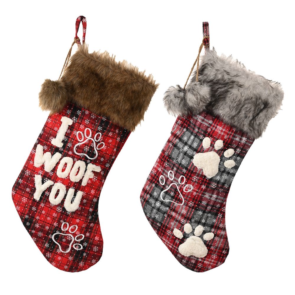 Dog Christmas Stocking 18 Inch Buffalo Plaid Christmas Stockings Plush Faux Fur Cuff Christmas Hanging Stockings with Letter and Dog Paw for Xmas Decoration