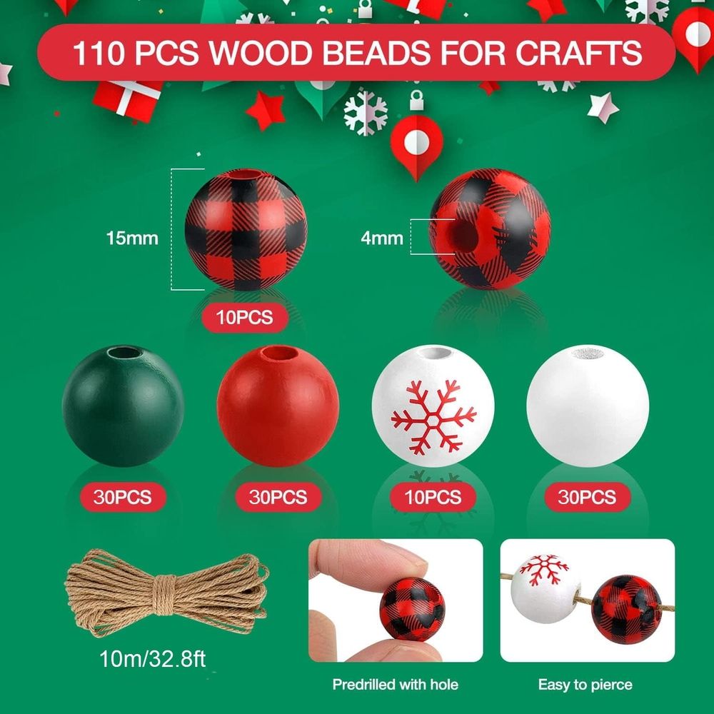 110 Pcs Christmas Plaid Wood Beads 15mm Buffalo Plaid Wood Beads Farmhouse Print Wood Spacer Beads for Christmas Decoration DIY Holiday Party Craft Supplies