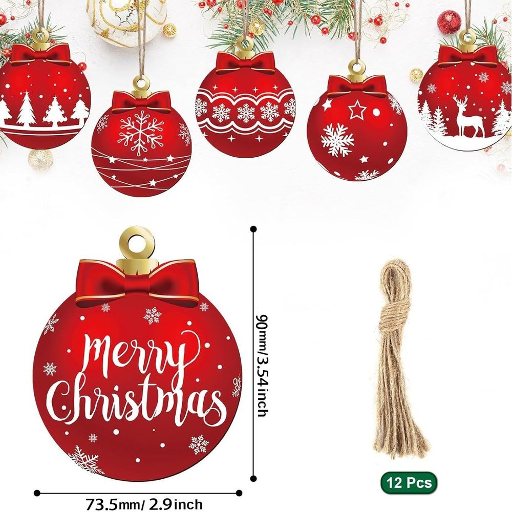 24PCS Red Christmas Ball Hanging Wooden Ornaments Set - Festive Holiday Tree Decorations with Merry Christmas, Snowflakes, Reindeer, and Santa Designs