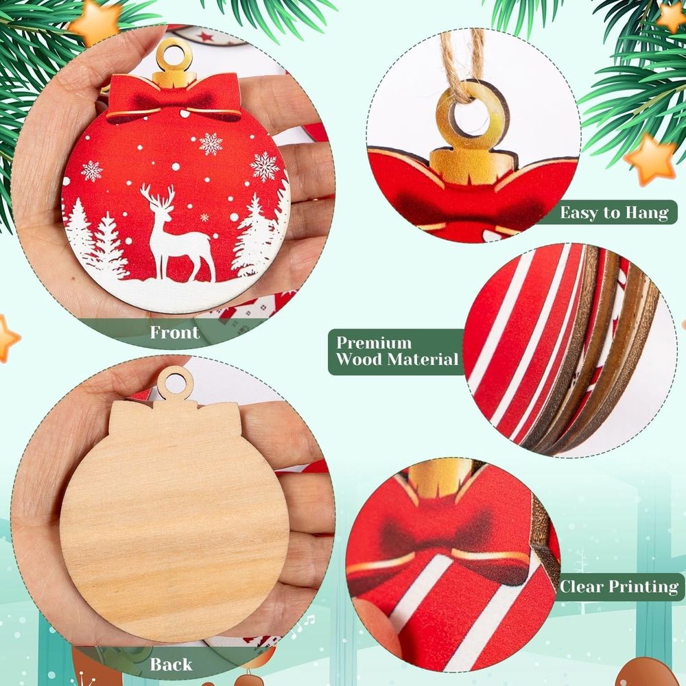24PCS Red Christmas Ball Hanging Wooden Ornaments Set - Festive Holiday Tree Decorations with Merry Christmas, Snowflakes, Reindeer, and Santa Designs