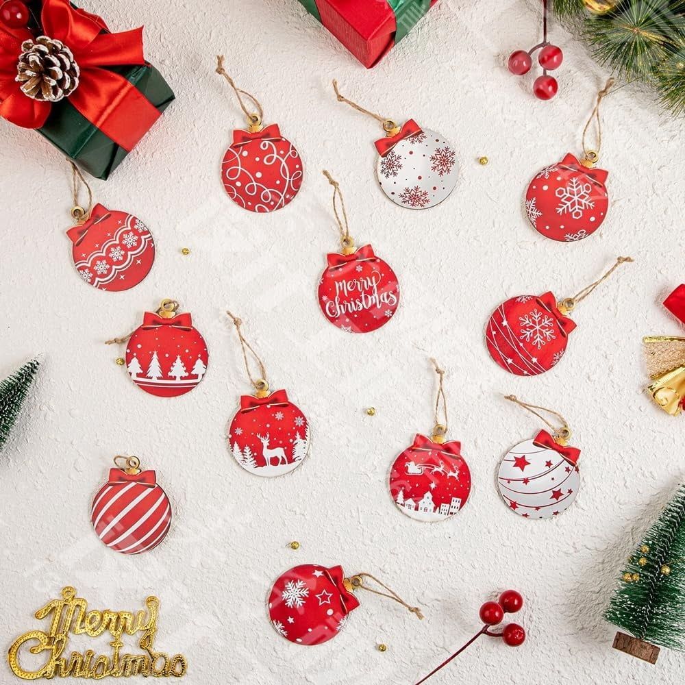 24PCS Red Christmas Ball Hanging Wooden Ornaments Set - Festive Holiday Tree Decorations with Merry Christmas, Snowflakes, Reindeer, and Santa Designs