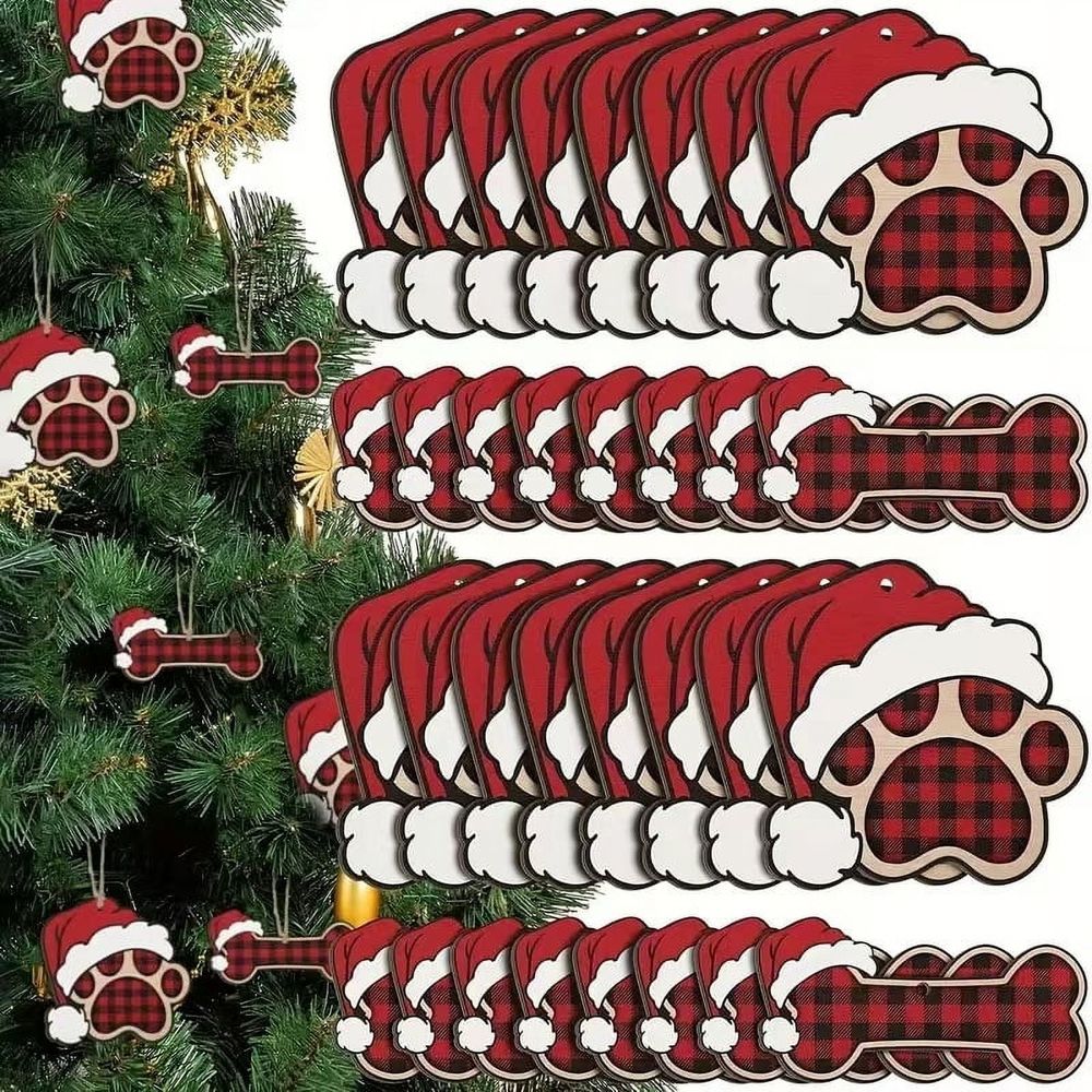 Christmas Dog Paw Wooden Ornaments Dog Bone Ornaments for Christmas Tree Wooden Dog Paw Print Hanging Wood Dog Decoration with Bow Ties Ropes for Christmas Holiday Festival Decor