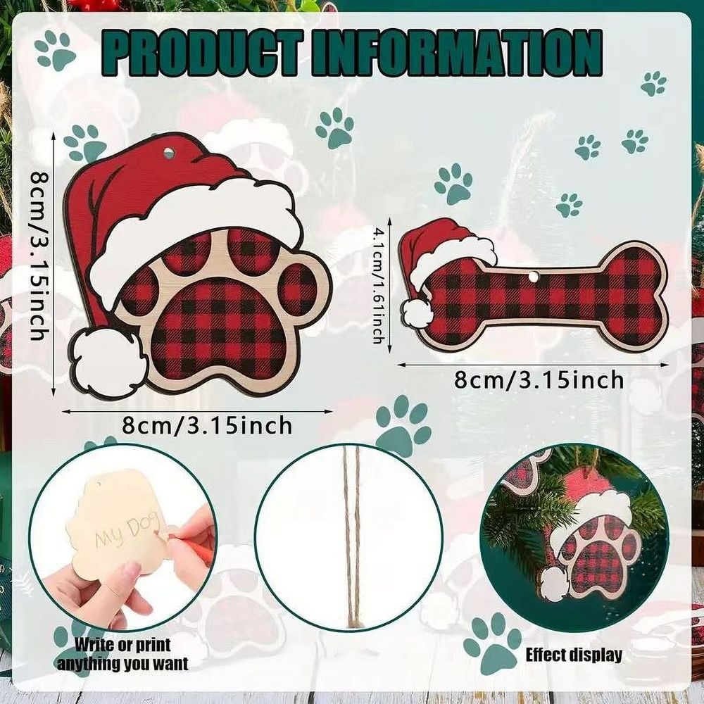 Christmas Dog Paw Wooden Ornaments Dog Bone Ornaments for Christmas Tree Wooden Dog Paw Print Hanging Wood Dog Decoration with Bow Ties Ropes for Christmas Holiday Festival Decor