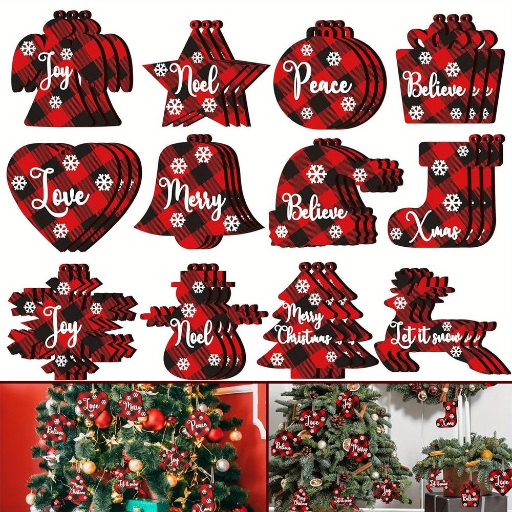 Christmas Buffalo Plaid Ornaments Christmas Tree Wooden Hanging Decor Black and Red Wooden Christmas Ornaments Reindeer Snowman Plaid Christmas Tree Decorations