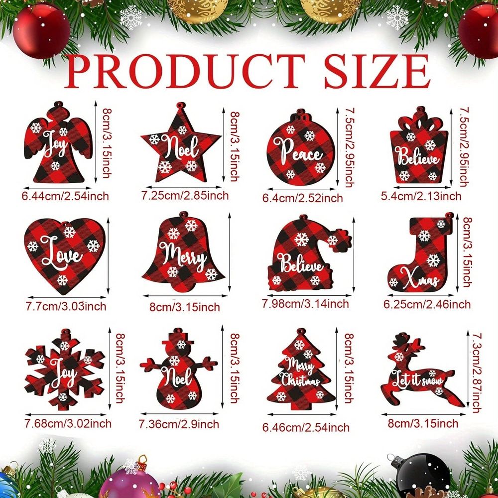 Christmas Buffalo Plaid Ornaments Christmas Tree Wooden Hanging Decor Black and Red Wooden Christmas Ornaments Reindeer Snowman Plaid Christmas Tree Decorations