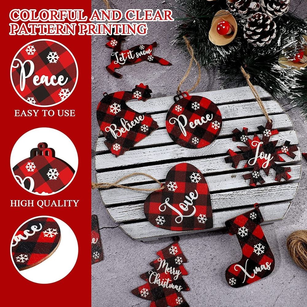 Christmas Buffalo Plaid Ornaments Christmas Tree Wooden Hanging Decor Black and Red Wooden Christmas Ornaments Reindeer Snowman Plaid Christmas Tree Decorations