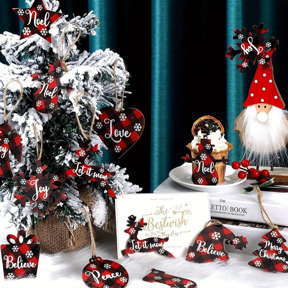 Christmas Buffalo Plaid Ornaments Christmas Tree Wooden Hanging Decor Black and Red Wooden Christmas Ornaments Reindeer Snowman Plaid Christmas Tree Decorations