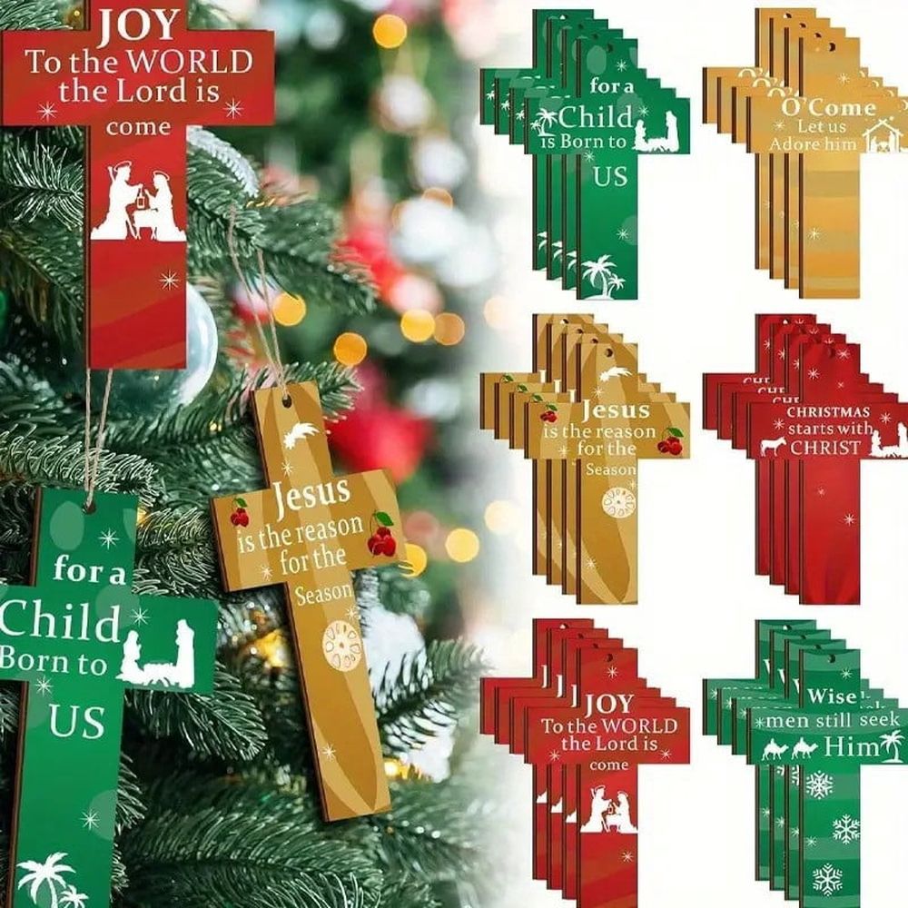 24PCS Hanging Wooden Cross Decoration, Cross Christmas Decorations Indoor, Wooden Cross Christmas Ornaments Set, Religious Christmas Tree Decorations Cross Pendant