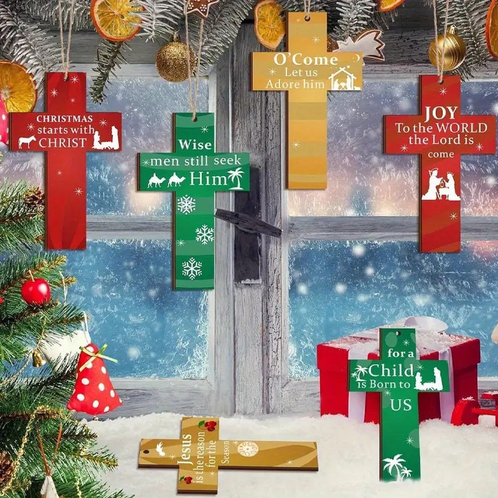 24PCS Hanging Wooden Cross Decoration, Cross Christmas Decorations Indoor, Wooden Cross Christmas Ornaments Set, Religious Christmas Tree Decorations Cross Pendant