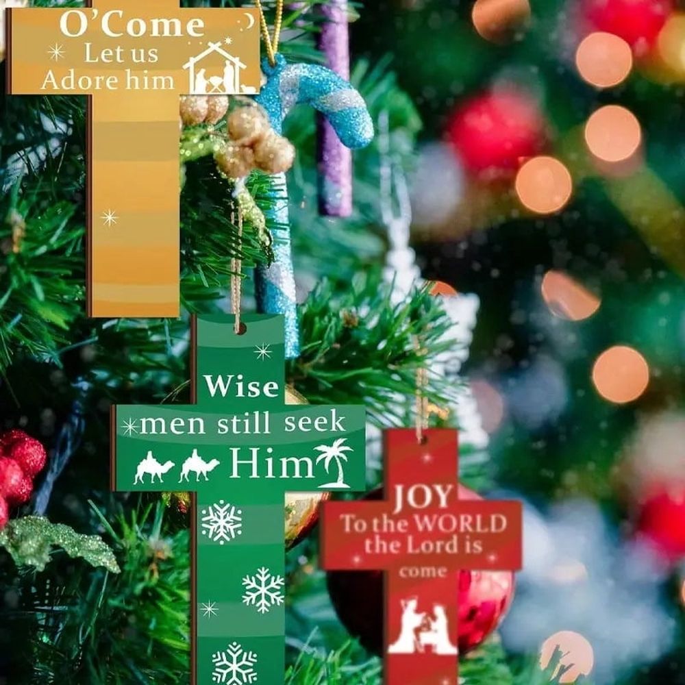 24PCS Hanging Wooden Cross Decoration, Cross Christmas Decorations Indoor, Wooden Cross Christmas Ornaments Set, Religious Christmas Tree Decorations Cross Pendant