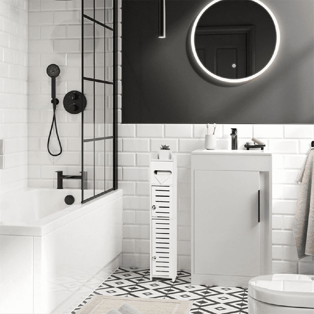 Storage Cabinet for Small Spaces, Over the Toilet Cabinet for Skinny Bathroom Storage Corner Floor (White)
