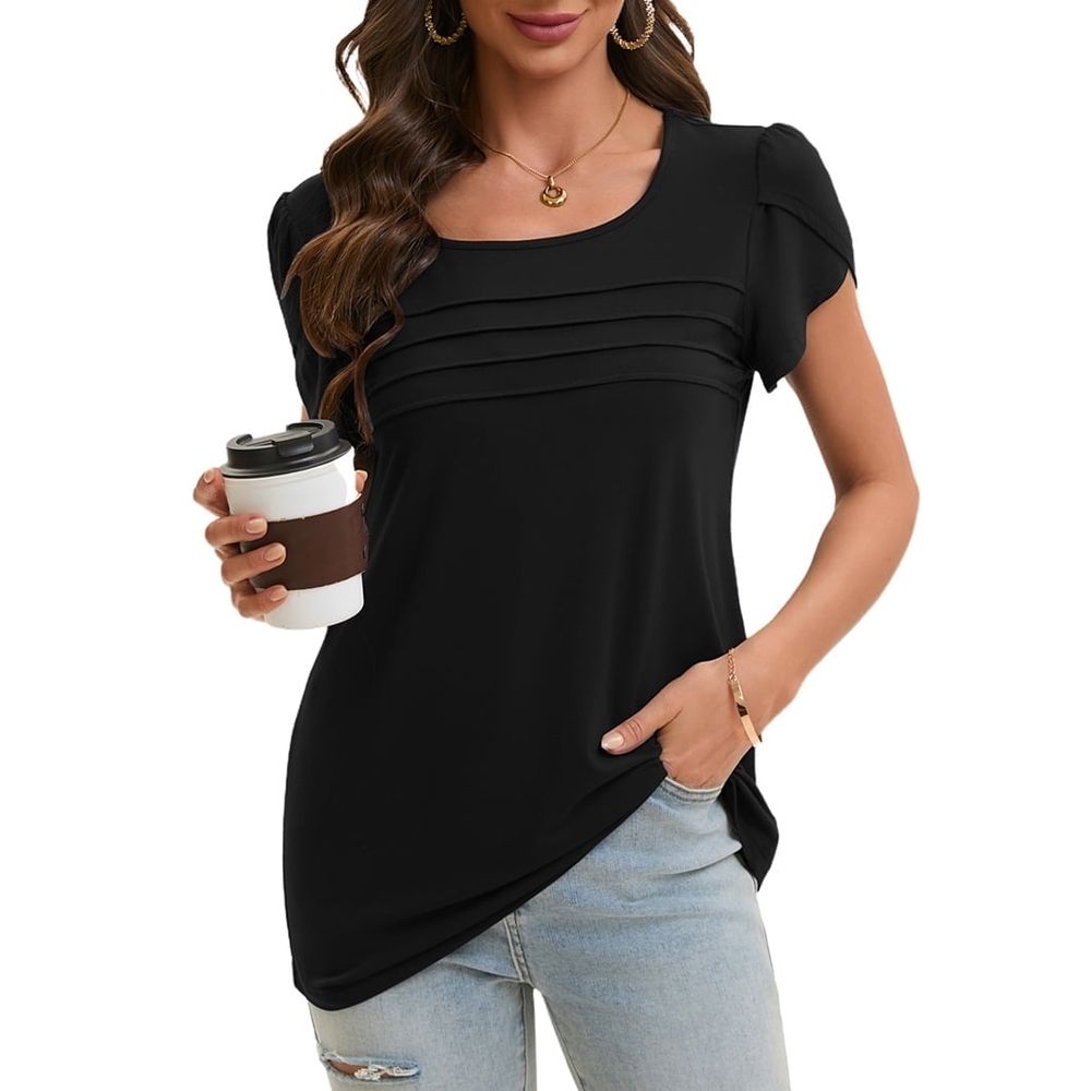 Womens Pleated Casual Tops Ruffle Short Sleeve Blouses Crewneck Business Work Shirts Summer Going Out Black M