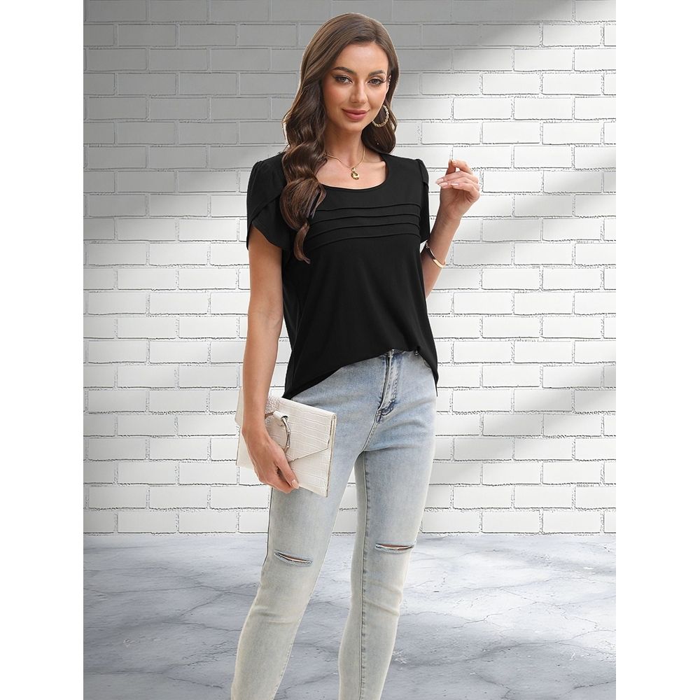 Womens Pleated Casual Tops Ruffle Short Sleeve Blouses Crewneck Business Work Shirts Summer Going Out Black M