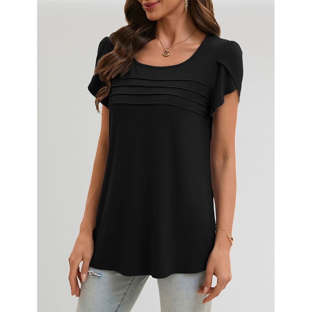 Womens Pleated Casual Tops Ruffle Short Sleeve Blouses Crewneck Business Work Shirts Summer Going Out Black M