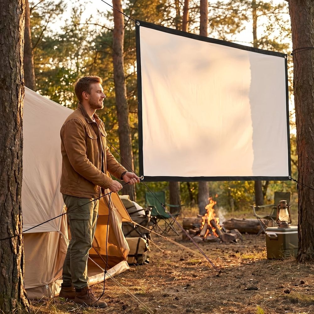 60 Inch 16:9 Portable Projector Screen, Polyester Foldable Movie Screen with Adhesive Hooks, Light Blocking No-Drill Wall Mount for Indoor Outdoor White