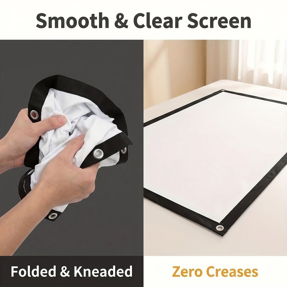 60 Inch 16:9 Portable Projector Screen, Polyester Foldable Movie Screen with Adhesive Hooks, Light Blocking No-Drill Wall Mount for Indoor Outdoor White