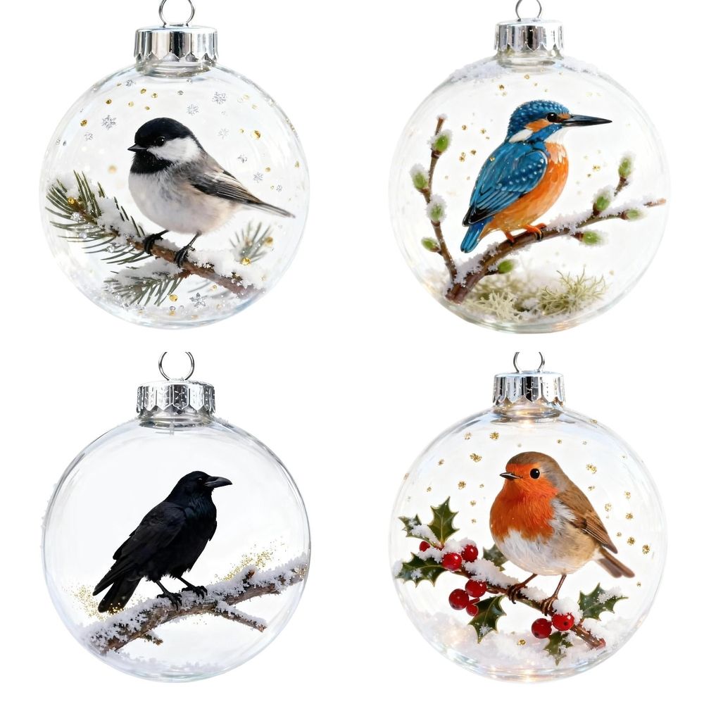 4Pcs Cute Birds Christmas Bauble Collection, 2D Cute Bird Christmas Ornament, Round Ornament, Festive Tree Decorations Xmas Tree Memorial Gifts,3.9x4.7 Inch