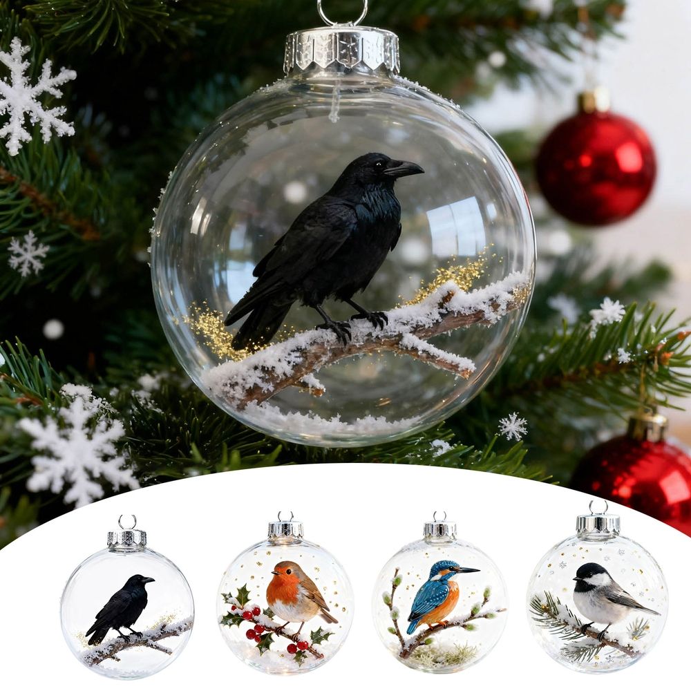 4Pcs Cute Birds Christmas Bauble Collection, 2D Cute Bird Christmas Ornament, Round Ornament, Festive Tree Decorations Xmas Tree Memorial Gifts,3.9x4.7 Inch