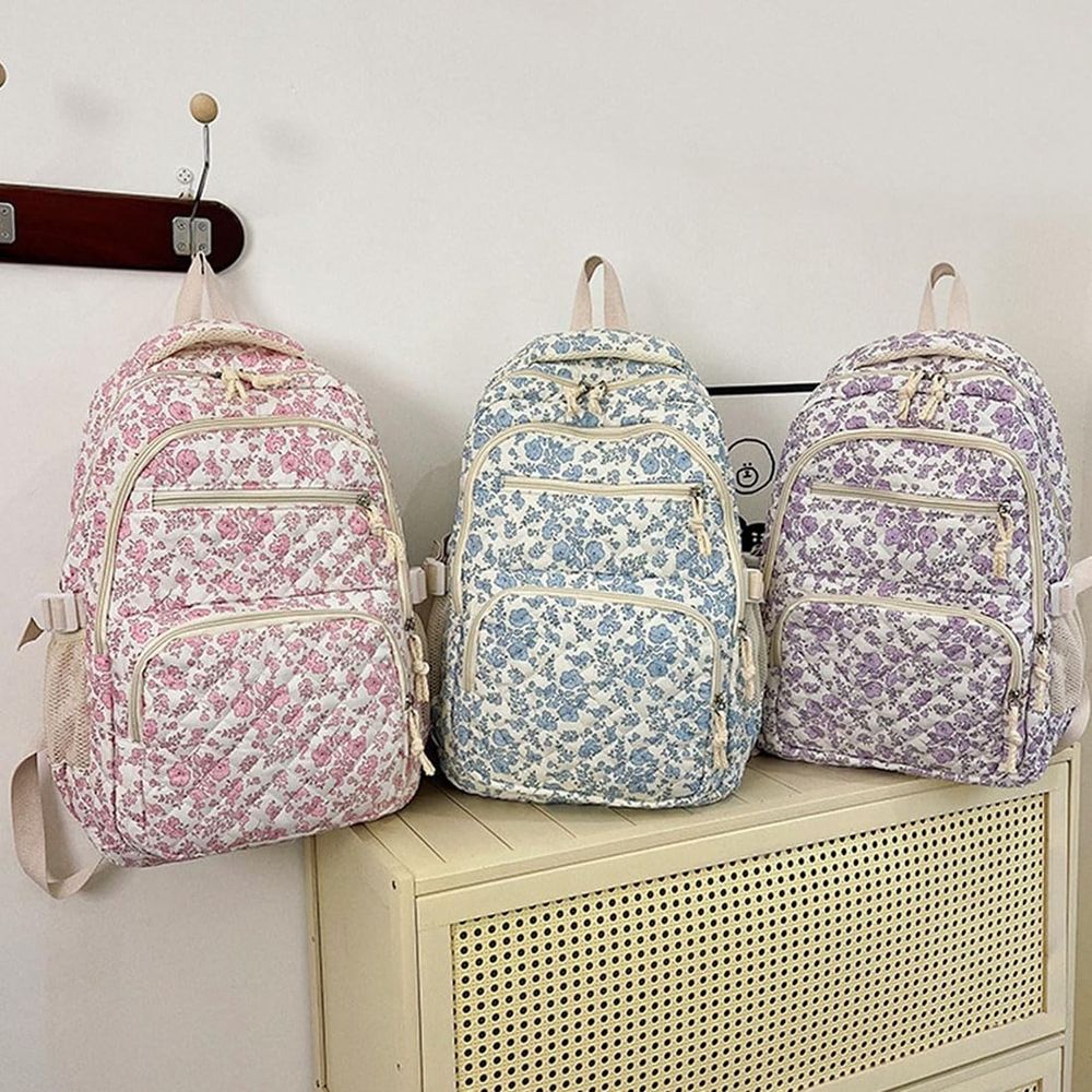 Floral Quilted 3Pcs Backpack Set for Teen Girls,School Backpack Large Capacity Bookbag Water-Resistant Laptop Backpacks, Lightweight Travel Daypack for Women Middle School College Flower,Pink