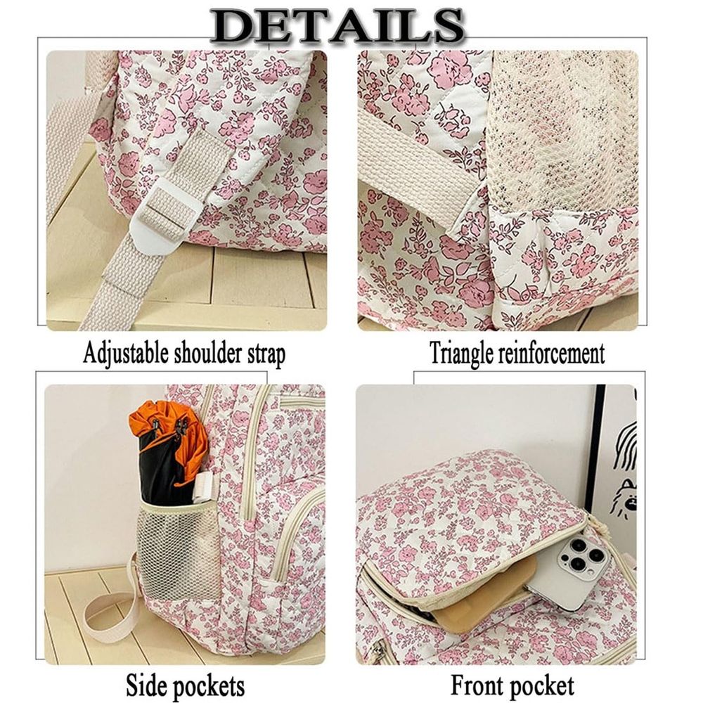 Floral Quilted 3Pcs Backpack Set for Teen Girls,School Backpack Large Capacity Bookbag Water-Resistant Laptop Backpacks, Lightweight Travel Daypack for Women Middle School College Flower,Pink
