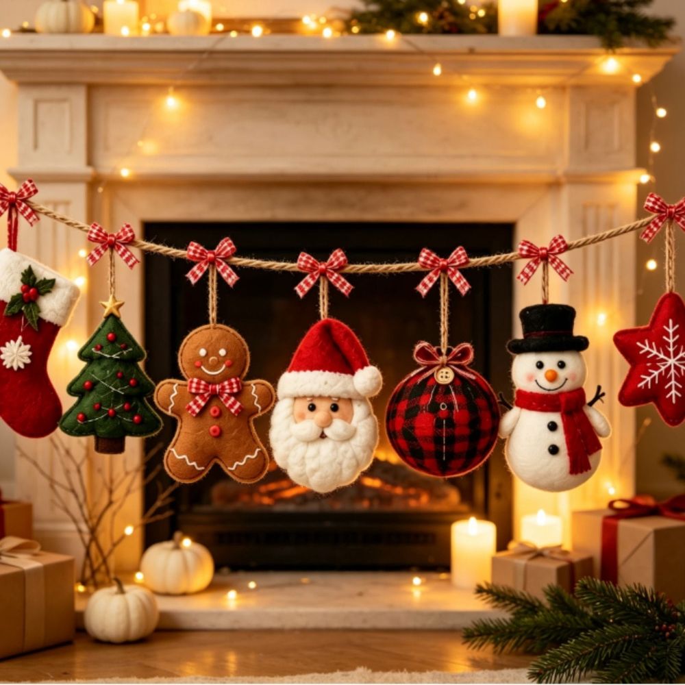Cozy Christmas Fabric Garland, Christmas Decor, Winter Cedar | Red Green Checkered Rustic, Wreath Banner Tree Swag, Snowflake Star Ornament, Fireplace Mantel Porch and Gift