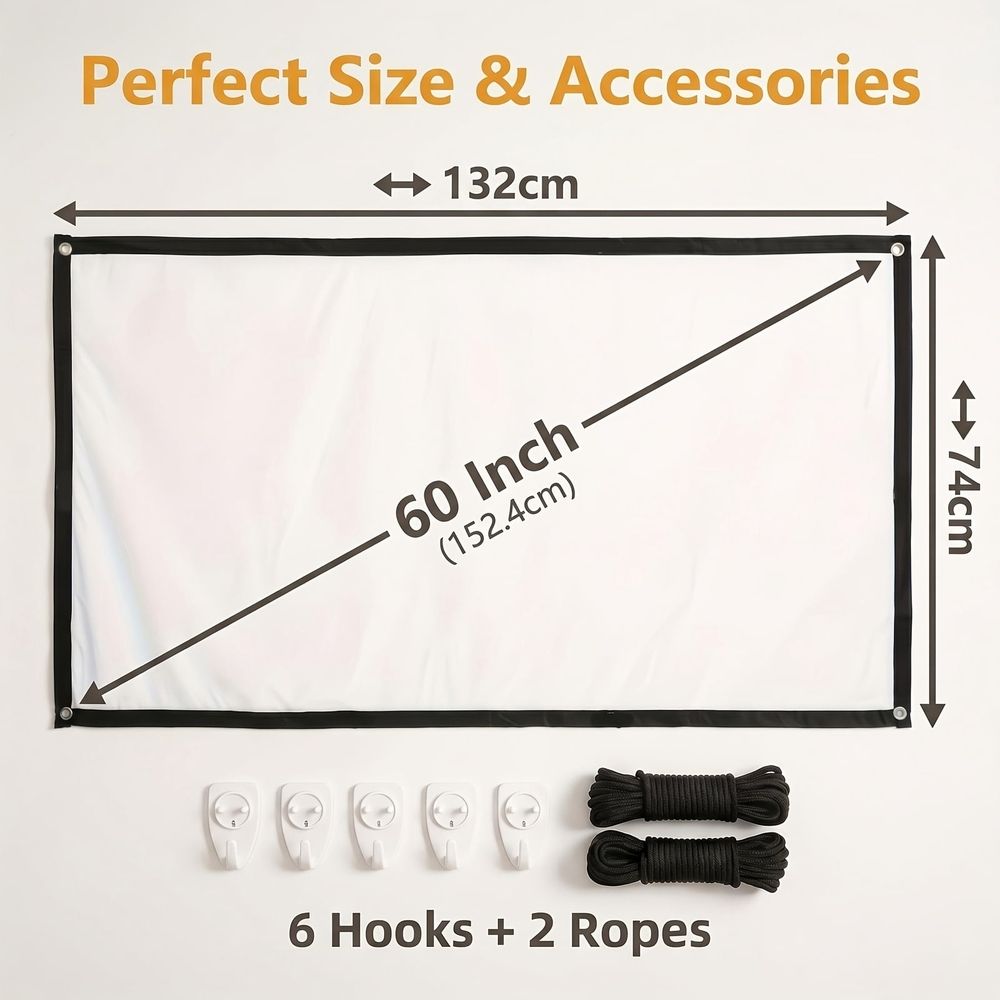 60 Inch 16:9 Portable Projector Screen, Polyester Foldable Movie Screen with Adhesive Hooks, Light Blocking No-Drill Wall Mount for Indoor Outdoor White
