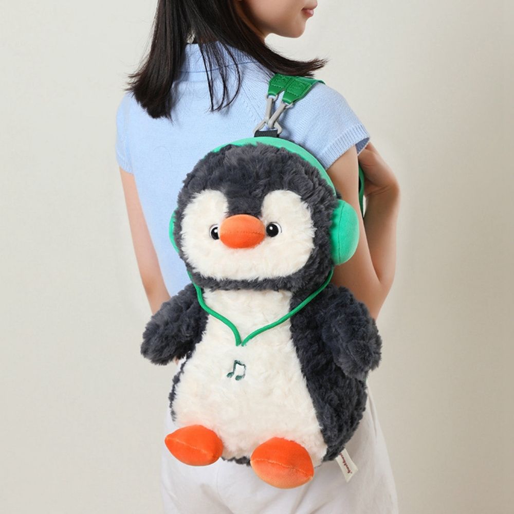 Headphone Penguin Backpack Plush Toy 2-in-1 Creative Doll Bag 15.7 Inches Nylon Material with Adjustable Straps for Travel and School Supplies