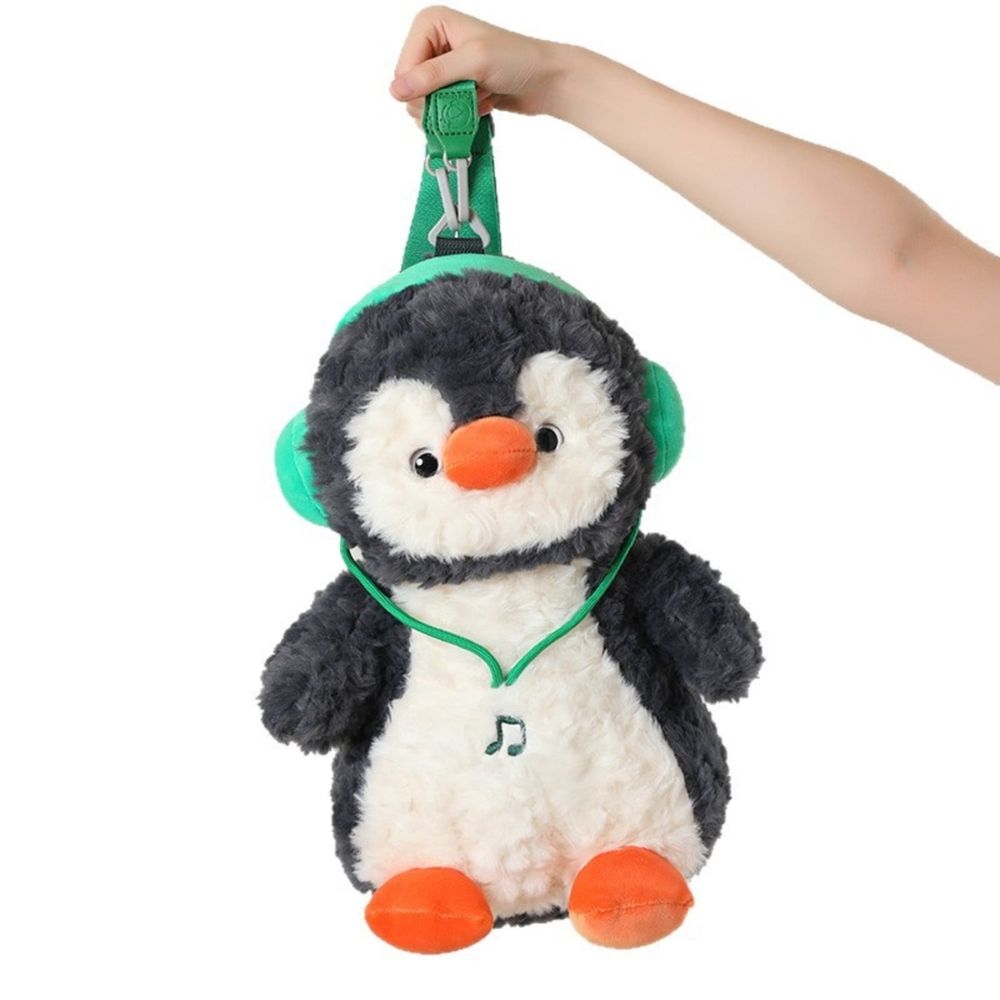 Headphone Penguin Backpack Plush Toy 2-in-1 Creative Doll Bag 15.7 Inches Nylon Material with Adjustable Straps for Travel and School Supplies