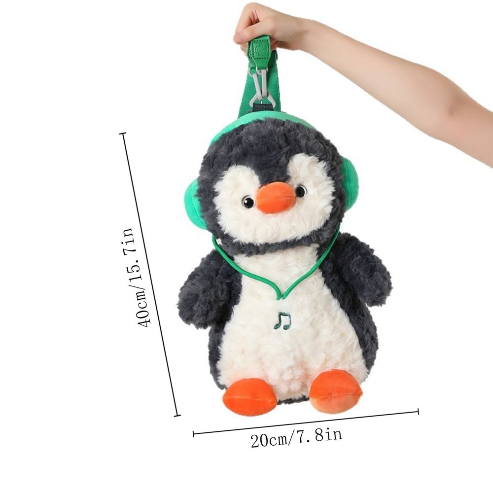 Headphone Penguin Backpack Plush Toy 2-in-1 Creative Doll Bag 15.7 Inches Nylon Material with Adjustable Straps for Travel and School Supplies