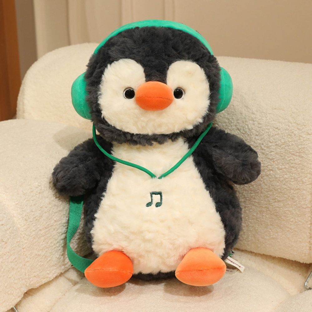 Headphone Penguin Backpack Plush Toy 2-in-1 Creative Doll Bag 15.7 Inches Nylon Material with Adjustable Straps for Travel and School Supplies