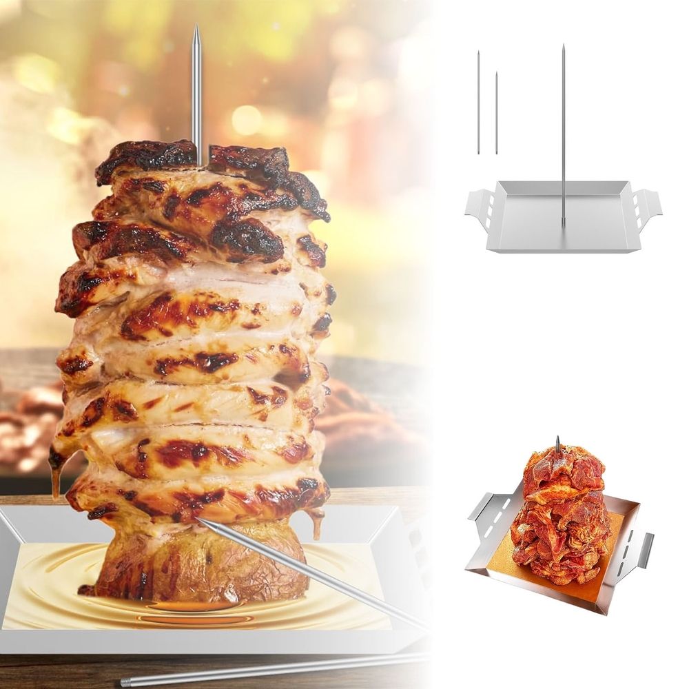 12.4 Inch Food Grade Stainless Steel Vertical Roaster Skewer Stand slow flow Tray Base Removable Spikes Side Handles For  Chicken Kebab Grill Oven BBQ