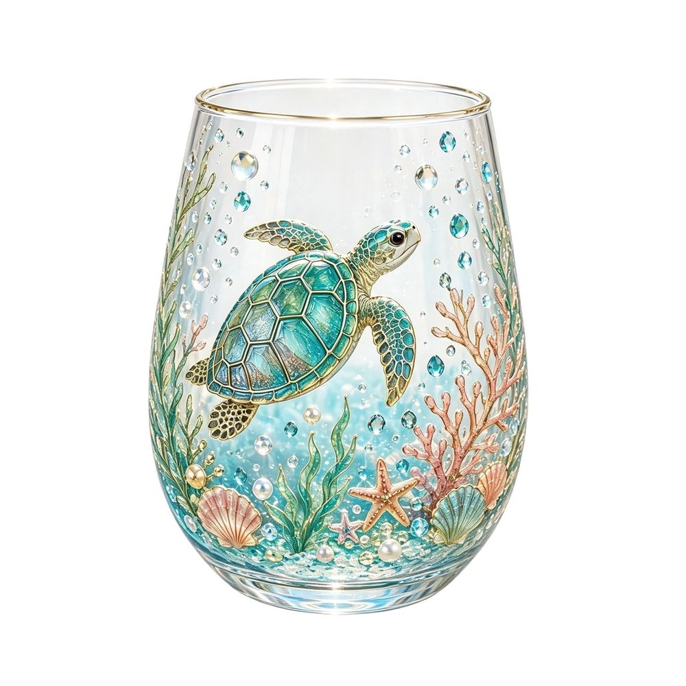 Hand Painted Sea Turtle Stemless Wine Glass, Gold Rim Underwater Marine Decor Tumbler Cup for Water Cocktail Coastal Home Gift