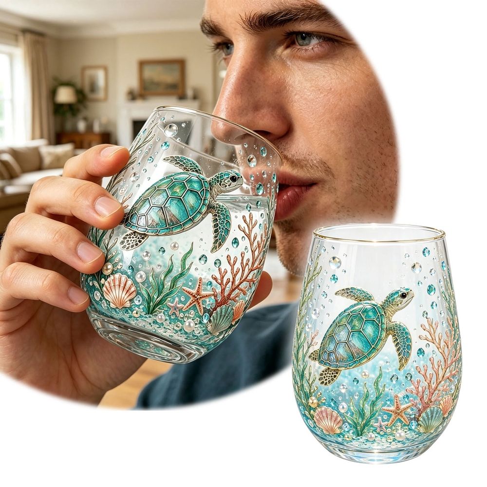 Hand Painted Sea Turtle Stemless Wine Glass, Gold Rim Underwater Marine Decor Tumbler Cup for Water Cocktail Coastal Home Gift