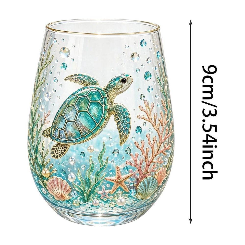 Hand Painted Sea Turtle Stemless Wine Glass, Gold Rim Underwater Marine Decor Tumbler Cup for Water Cocktail Coastal Home Gift
