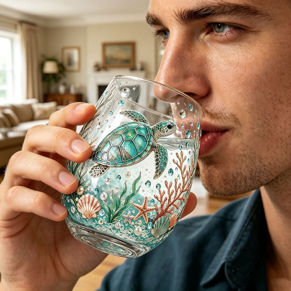 Hand Painted Sea Turtle Stemless Wine Glass, Gold Rim Underwater Marine Decor Tumbler Cup for Water Cocktail Coastal Home Gift