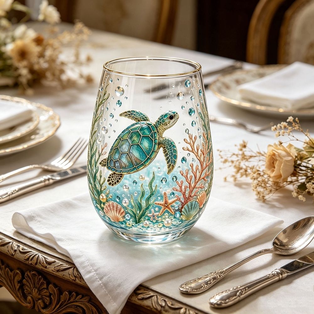 Hand Painted Sea Turtle Stemless Wine Glass, Gold Rim Underwater Marine Decor Tumbler Cup for Water Cocktail Coastal Home Gift