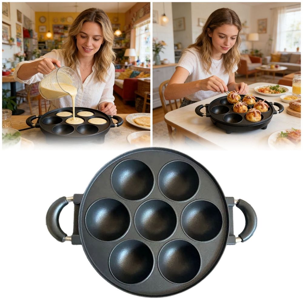 Round 7 Cavity Nonstick Frying Pan Dual Handle Skillet For Mini Pancakes Fried Eggs Home Stovetop Breakfast Cooking