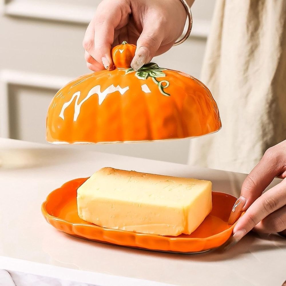 Halloween Pumpkin Ceramic Butter Dish With Lid Seasonal Tabletop Storage Container For Kitchen Counter Dining Table Fall Home Decor