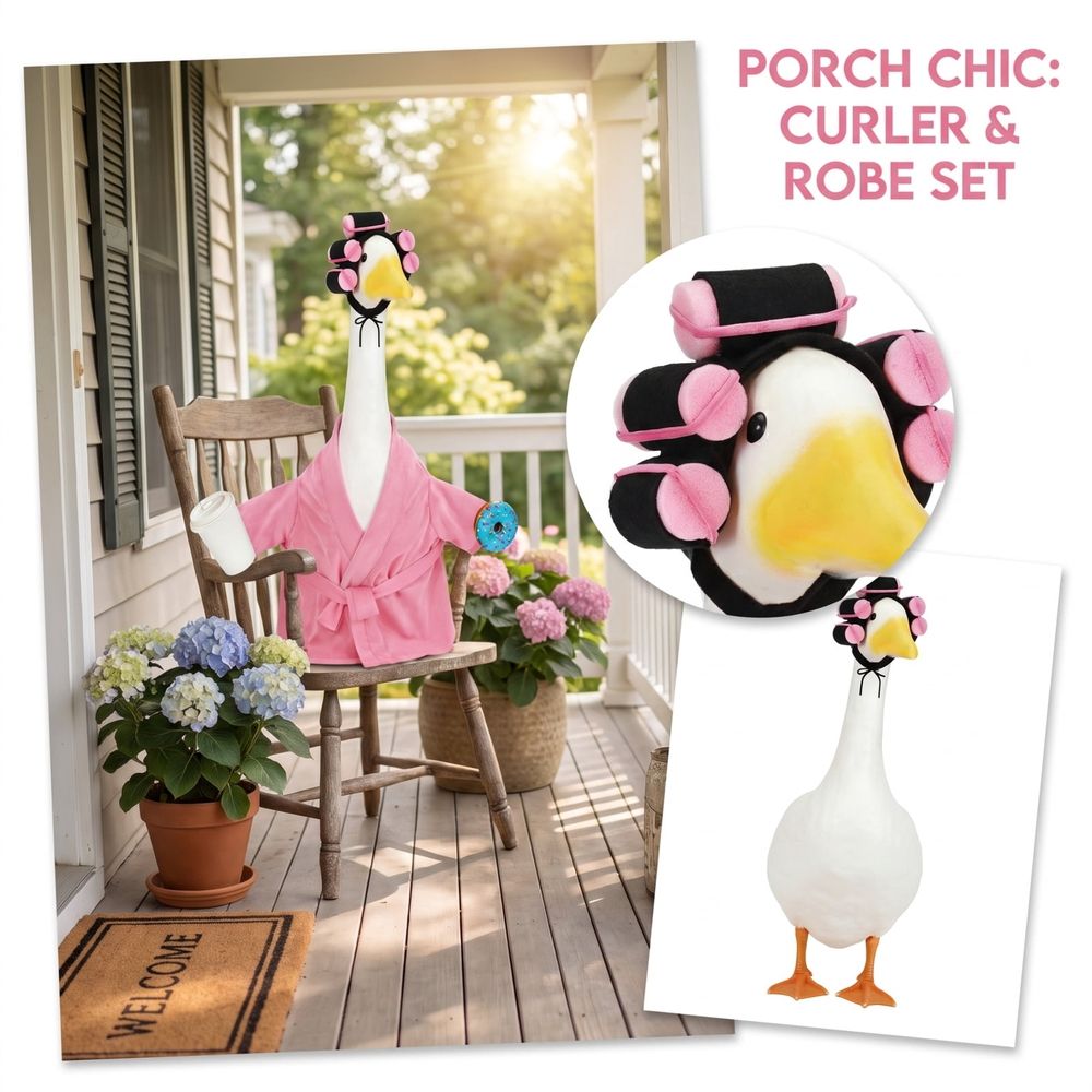 Outfits,Bathrobe Porch Goose Statue Costume with Curlers Coffee Cup Towel,Cute Goose Clothes for 23-Inch Cement or Plastic Statue,Lawn Yard Garden Patio Decor(Pink)