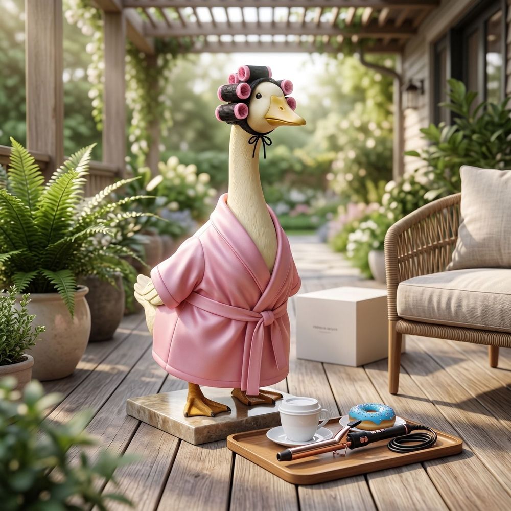Outfits,Bathrobe Porch Goose Statue Costume with Curlers Coffee Cup Towel,Cute Goose Clothes for 23-Inch Cement or Plastic Statue,Lawn Yard Garden Patio Decor(Pink)