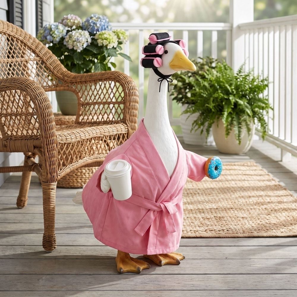 Outfits,Bathrobe Porch Goose Statue Costume with Curlers Coffee Cup Towel,Cute Goose Clothes for 23-Inch Cement or Plastic Statue,Lawn Yard Garden Patio Decor(Pink)