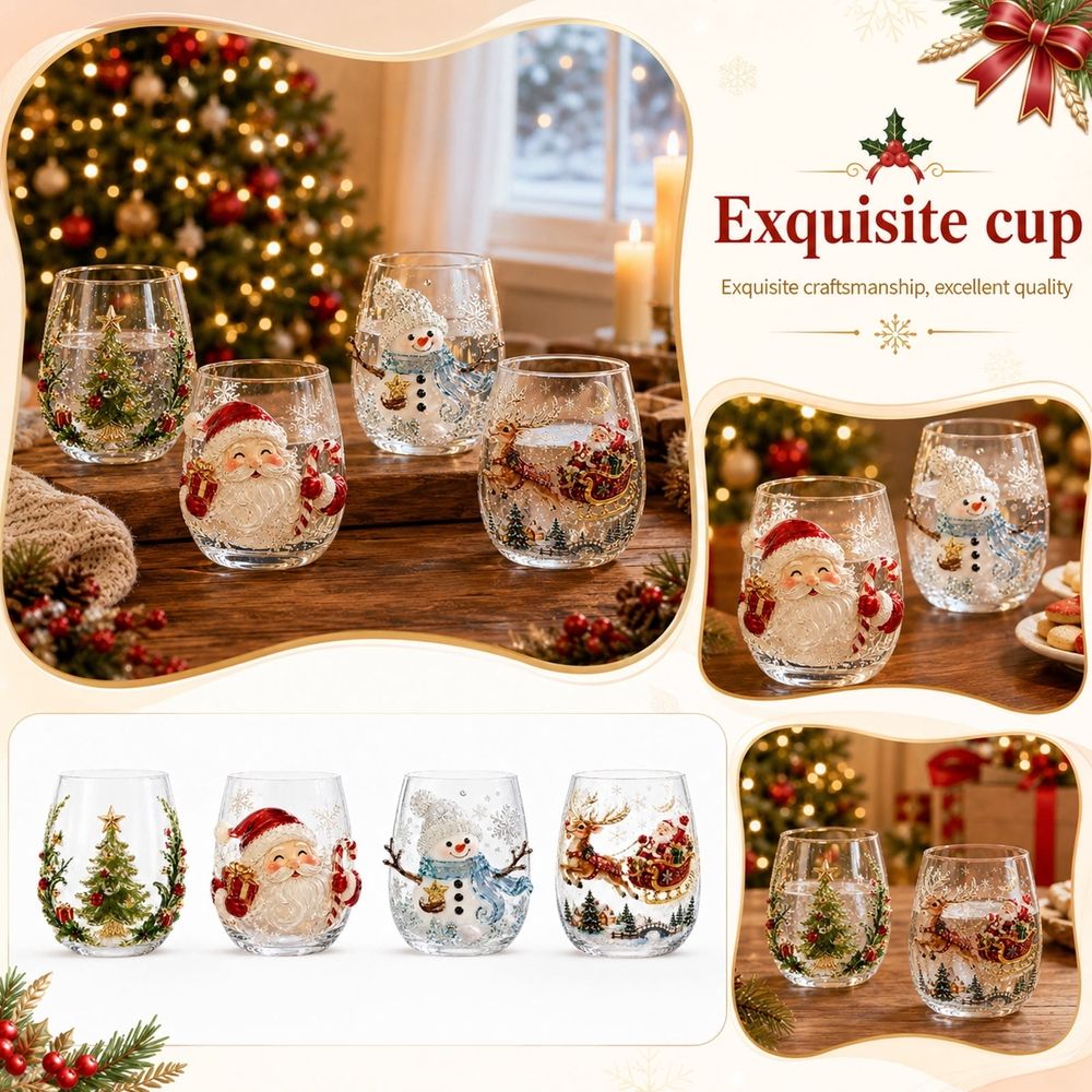 Christmas Stemless Wine Glasses, Dishwasher Safe Set Of Wine Glasses, Perfect for Cocktails, Water, and Outdoor Glassware,Decorative Christmas Tumblers for Family Dinners & Home Kitchen Decor,C