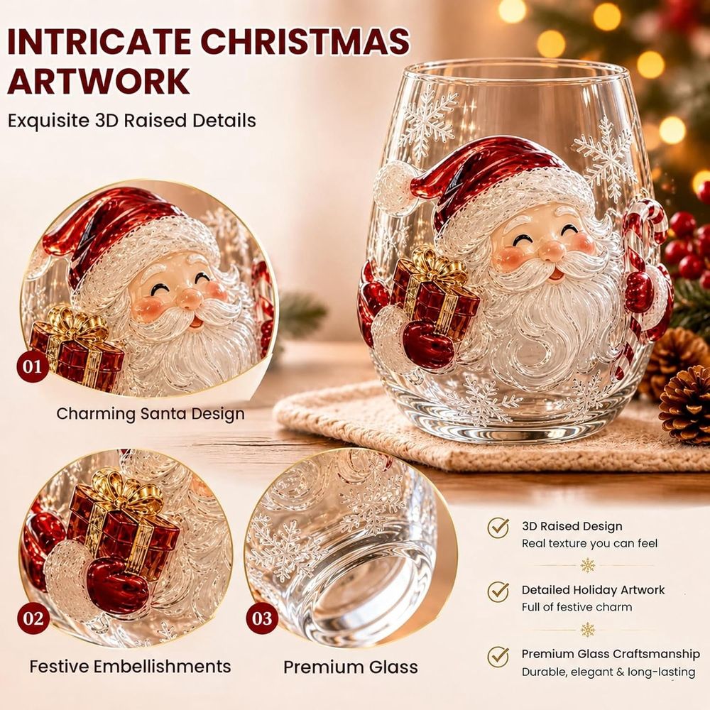Christmas Stemless Wine Glasses, Dishwasher Safe Set Of Wine Glasses, Perfect for Cocktails, Water, and Outdoor Glassware,Decorative Christmas Tumblers for Family Dinners & Home Kitchen Decor,C